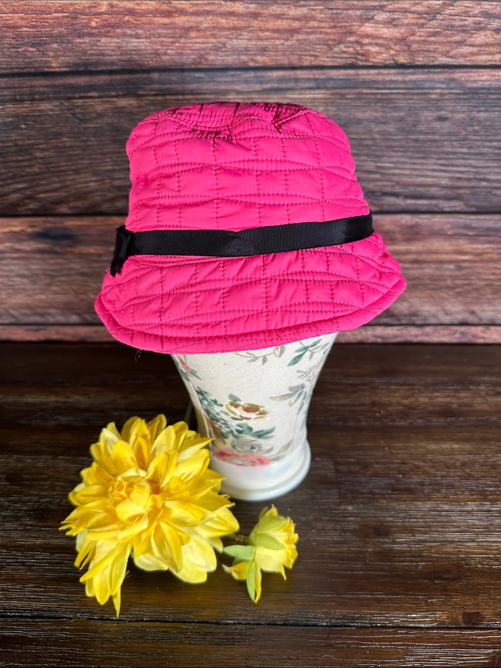 kate spade Quilted Nylon Hot Pink Bucket Hat with Black Bow Band